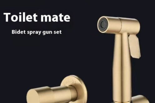 Gold bidet spray gun set with 'Toilet mate' text on a black background